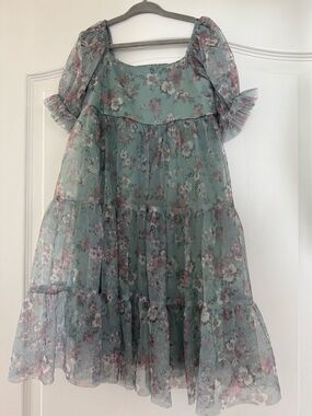 Zenzi Floral Puff-Sleeve Tiered Girls' Dress - Sage Green